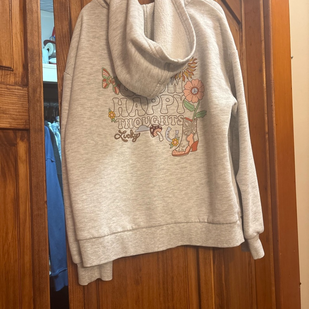 Lucky Brand Light Gray Zip Hoodie with Floral Boot Graphic - Picture 5 of 5